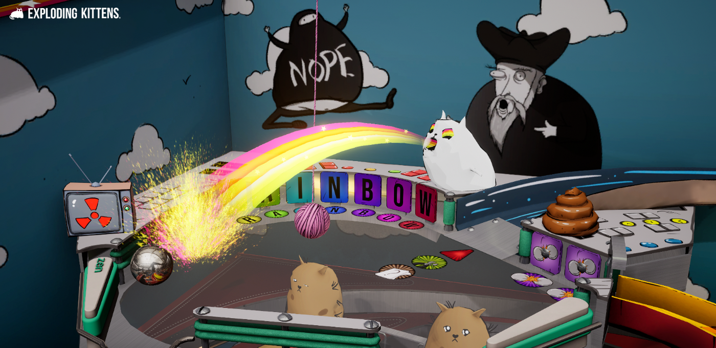 Animated game scene with cats and a rainbow blast 