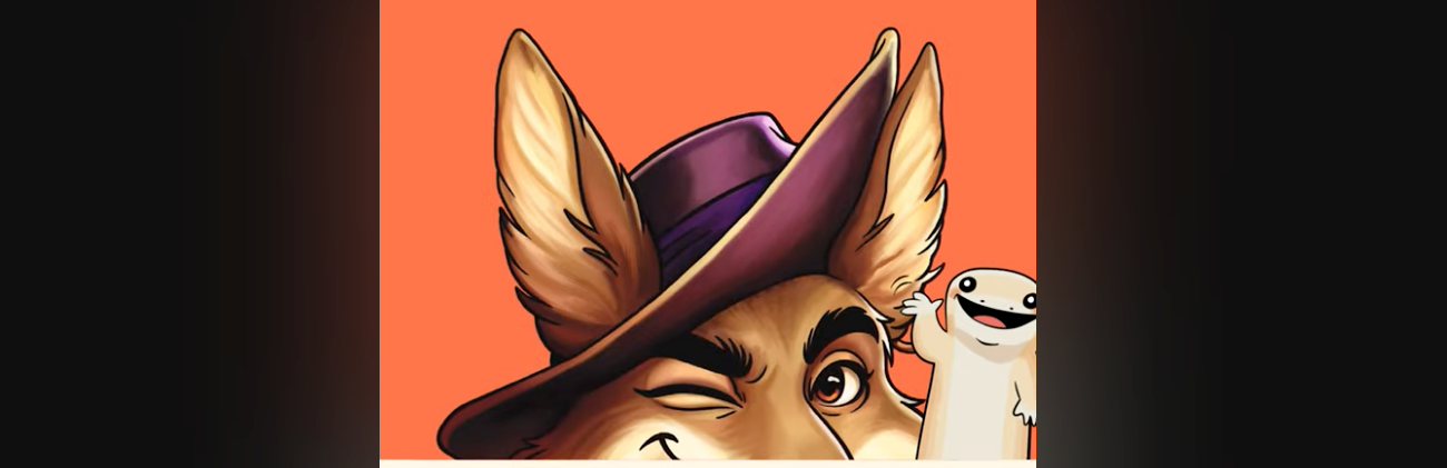 Cartoon cat in a hat peeking on a dark banner 