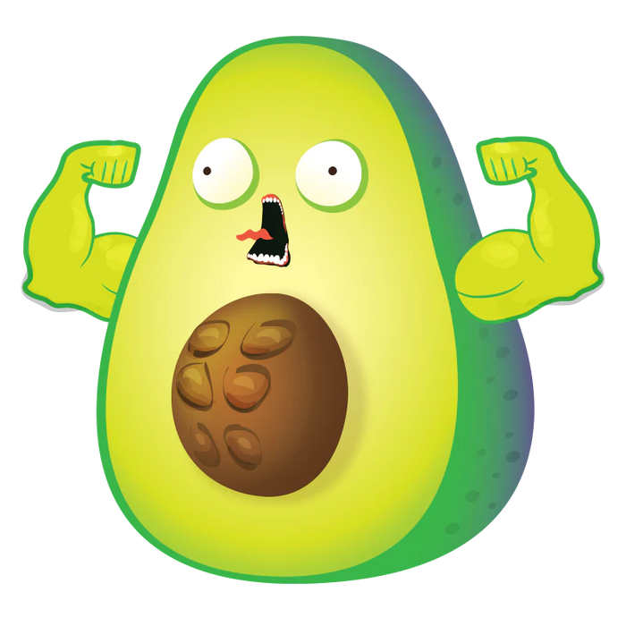 Flexing cartoon avocado character with arms raised