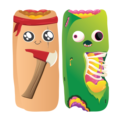 Two zombie burrito characters with exposed insides squaring off