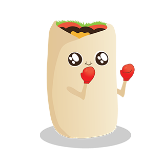Cartoon burrito character wearing red boxing gloves