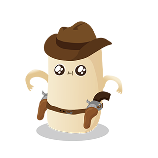 Cartoon burrito character dressed as a cowboy with hat and pistols