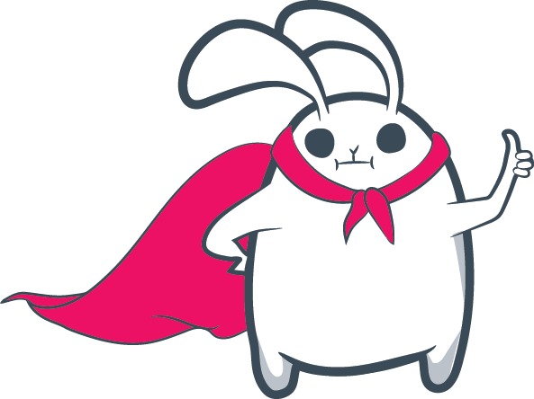 Cartoon superhero bunny wearing a red cape, the game mascot