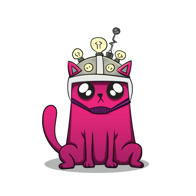 Pink cartoon cat wearing a mind-reading helmet with antennae