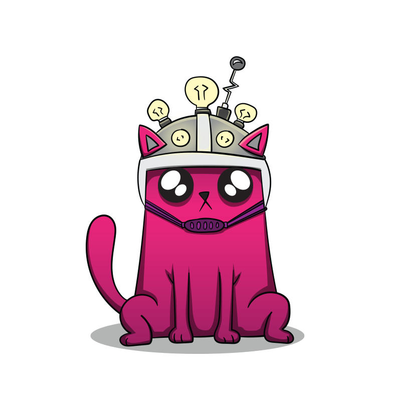 Pink cartoon cat wearing a mind-reading helmet with antennae