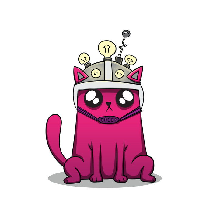 Pink cartoon cat wearing a mind-reading helmet with antennae