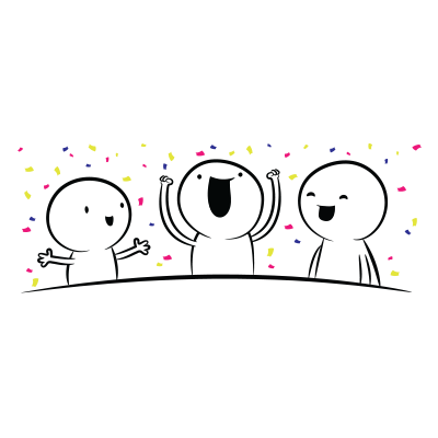 How to win: cartoon stick figures celebrating with confetti