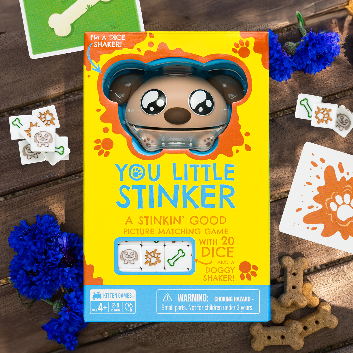 You Little Stinker dice game box with dog shaker and cards 