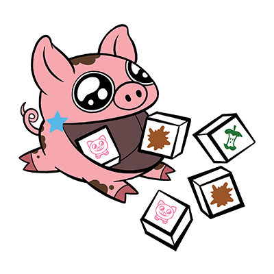 Cartoon pink pig character surrounded by tumbling dice