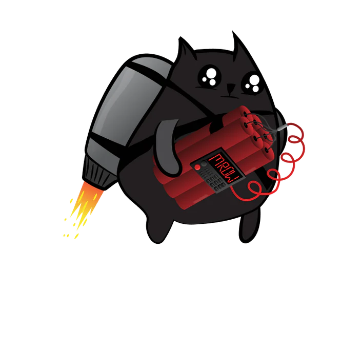 Black cat clutching a bundle of dynamite in Exploding Kittens art 