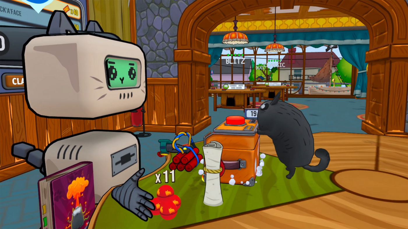 In-game scene with cartoon characters in a lab-like office 