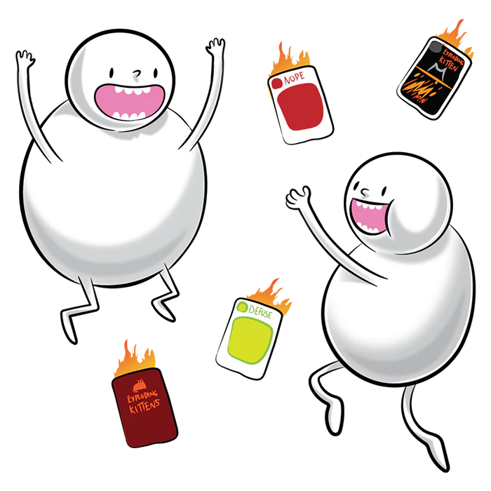 Two egg-shaped characters cheering with flaming hot sauce bottles