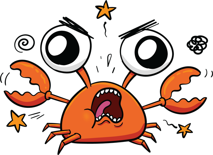Angry orange crab character with stars