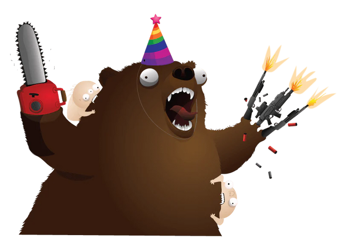 Bear with a party hat and chainsaw arm