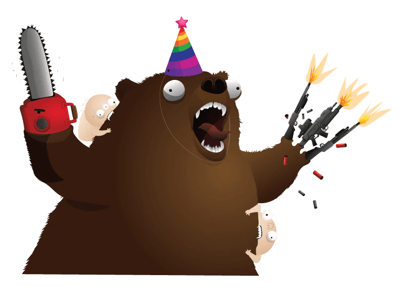 Bear with a party hat and chainsaw arm