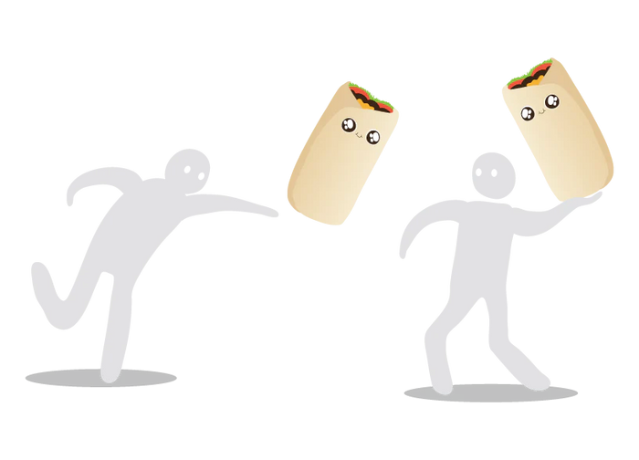 Burrito characters chasing running stick figures