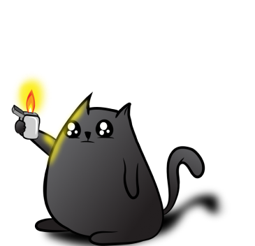 Black cat holding a mug and lit match facing right