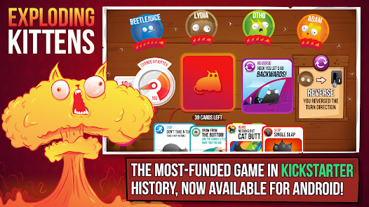 Exploding Kittens banner: most-funded game in Kickstarter history, now on Android 