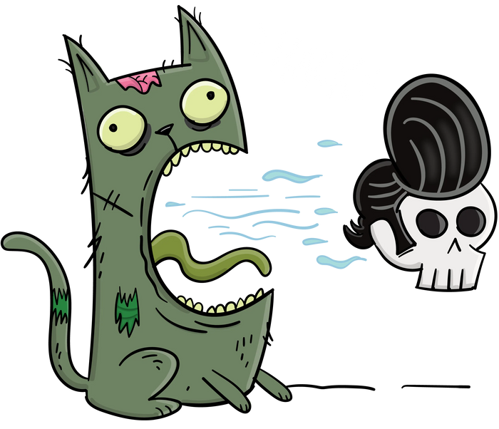 Green zombie cat chewing on a skull, a Zombie Kittens character
